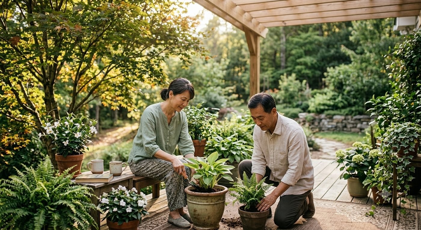 A couple gardening together on a porch, sharing a quiet moment