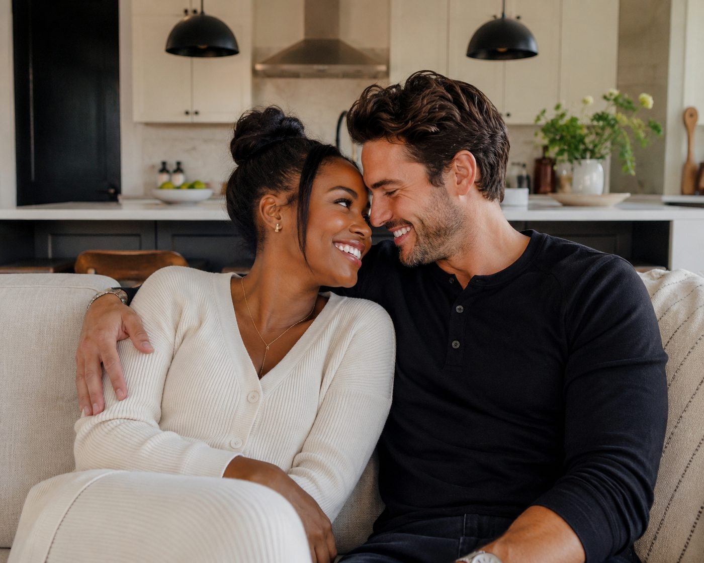 A couple sitting close together at home, smiling at one another