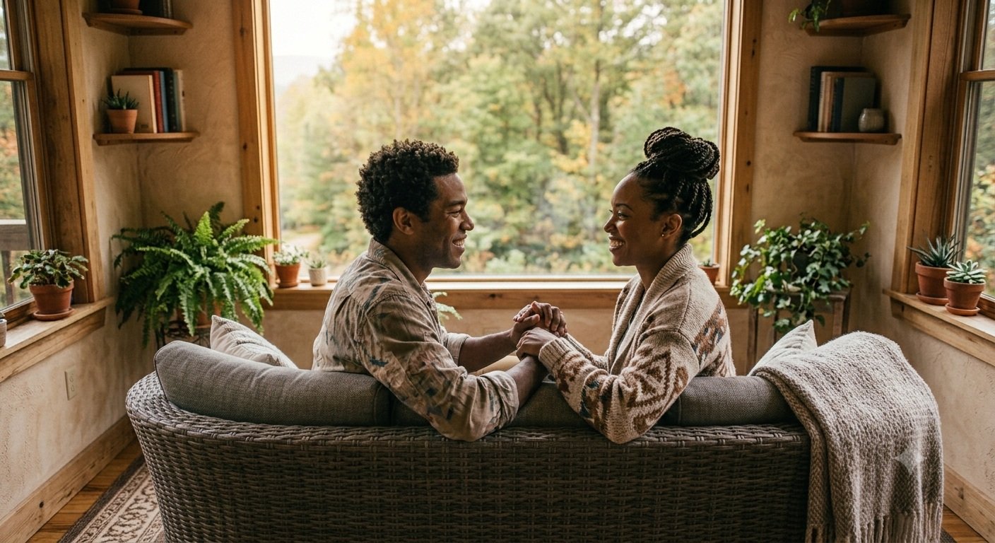 A couple holding hands and smiling at each other by a window overlooking the woods